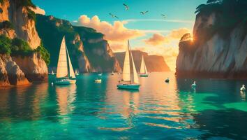 Sailboats Sailing on Turquoise Sea Near Cliffs During a Colorful Sunset photo