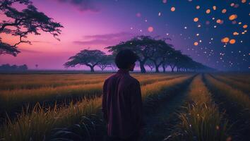 Person Standing in Grassy Field Under Colorful Sky at Dusk photo