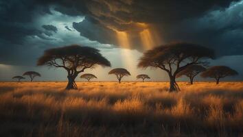 Trees in a Grassy Field with Sun Rays Bursting Through Clouds photo