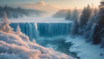 Majestic Waterfall Flowing Through Snowy Winter Forest Scenery at Sunset photo