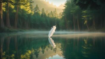 Feather Reflecting on Lake in Forest Landscape with Morning Mist photo