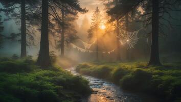 Stream Flowing Through Foggy Forest with Spiderweb at Sunrise photo