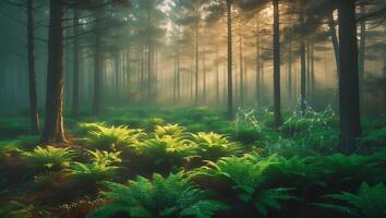 Walking Through a Misty Forest with Sunlight and Lush Fern photo
