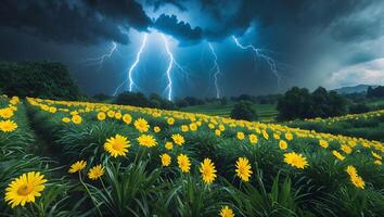 Field of Yellow Flowers Under Dramatic Lightning Sky in a Landscape photo