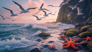 Seagulls Flying Over Ocean Waves with Starfish on Rocky Shoreline photo