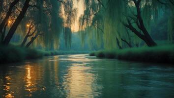 River Flowing Through Lush Green Forest with Willow Trees at Dusk photo