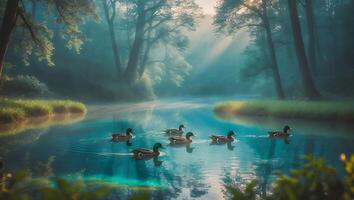 Ducks Swimming on Calm River in Forest with Morning Light photo