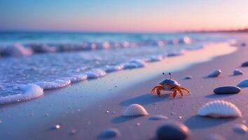 Crab Walking on Sandy Beach at Sunset with Seashells photo