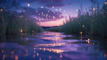 Waterway Reflections at Twilight with Glowing Lights and Natural Grass photo