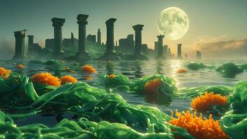 Ancient Columns Reflected in Water Under a Full Moon with Flora photo