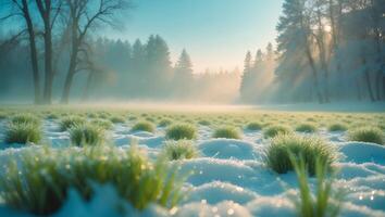 Winter Meadow with Snow and Mist Illuminating Forest Trees photo