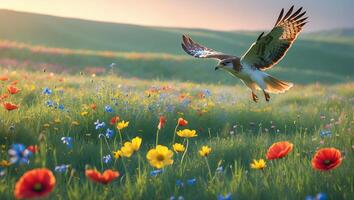 Hawk Flying Over Wildflower Meadow at Dawn with Golden Light photo
