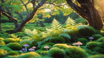 Exploring Enchanted Forest Floor with Moss, Ferns, and Fantasy Mushrooms photo