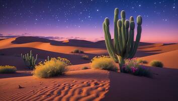 Cactus Standing Tall in Desert Landscape with Starry Night Sky photo