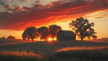 Barn on Hillside at Sunset with Dramatic Sky and Golden Light photo