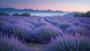 Lavender Field at Twilight Serene Purple Landscape in Provence Style photo