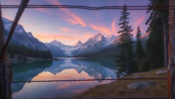 Calm Mountain Lake Reflecting Colorful Sunset Sky Through Rustic Fence photo