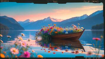 Boat Filled with Colorful Flowers on a Serene Lake at Sunset photo