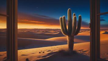 Viewing Desert Cactus Landscape Through Window at Sunset with Orange Sky photo