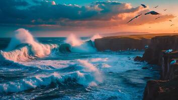 Crashing Waves Breaking on Cliffside Coastline with Birds in Flight photo