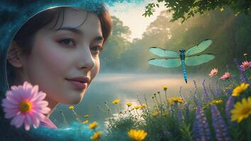 Woman Gazing at Dragonfly Over Lake with Flowers in Foggy Landscape photo