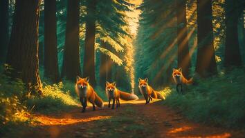 Foxes Walking on Forest Path with Sunlight Shining Through Trees photo