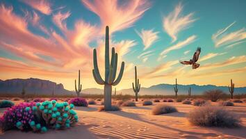 Hawk Flying Over Desert Landscape at Sunset with Cactus and Mountains photo