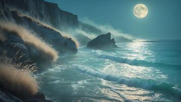 Coastal Moonlight Scene Waves Crashing Against Rocky Shore with Mist photo