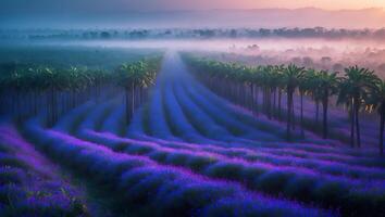 Blooming Purple Lavender Field with Palm Trees Under Misty Sky photo