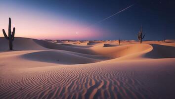 Desert Landscape with Cactus and Sand Dunes Under Colorful Sunset Sky photo