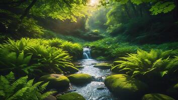 Flowing Stream in Lush Forest with Ferns and Sunlight photo