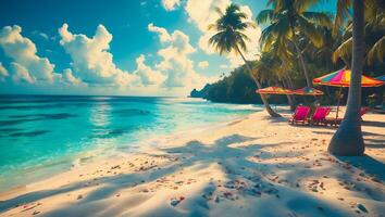 Tropical Beach Paradise with Turquoise Water, Palm Trees, and Colorful Umbrellas photo