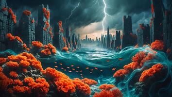 Underwater Cityscape with Coral, Fish, Lightning and Dramatic Sky photo