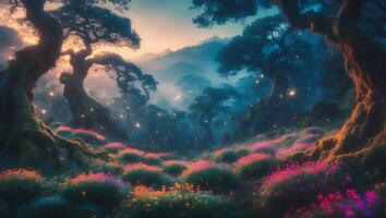 Mystical Forest Meadow Glowing with Fairy Lights and Ancient Trees photo