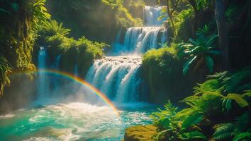 Waterfall Cascading with Rainbow and Lush Greenery Creating Scenic Landscape photo