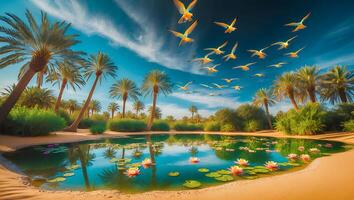 Oasis Lake with Palm Trees Birds and Lily Pads Tranquil Scene photo