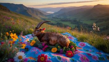 Resting Ibex on Floral Blanket in Mountain Meadow at Sunset photo