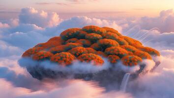 Floating Island with Autumn Trees Waterfall and Surrounding White Clouds photo