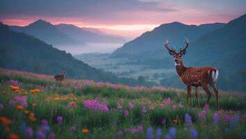 Deer Standing in Flower Meadow with Mountain Views at Sunset photo