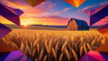 Wheat Field at Sunset with Barn and Abstract Frame photo
