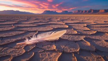 Feather Lying on Cracked Earth at Sunset Landscape Photography photo