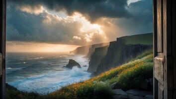 Ocean Cliff View Through Open Door with Sunlight and Wildflowers photo