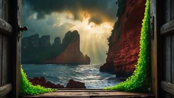 Ocean View Through Open Wooden Door with Sunlight and Cliffs photo