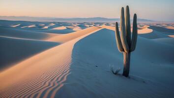 Cactus Standing in Desert Sand Dunes at Sunset with Soft Light photo