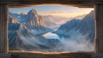 Majestic Mountain Vista Through Wooden Window Overlooking Serene Lake photo
