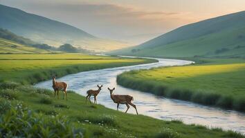 Deer Standing by River in Green Valley Landscape Scene photo