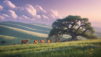 Deer Walking in a Peaceful Grassy Meadow with Large Oak Tree photo