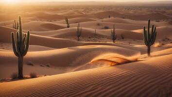 A desert with cactus plants and sand dunes photo