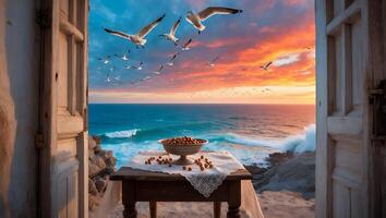 Ocean Sunset View Through Open Door with Birds and Bowl photo