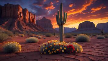 Cactus in Desert Landscape with Dramatic Sunset and Red Rock Formations photo